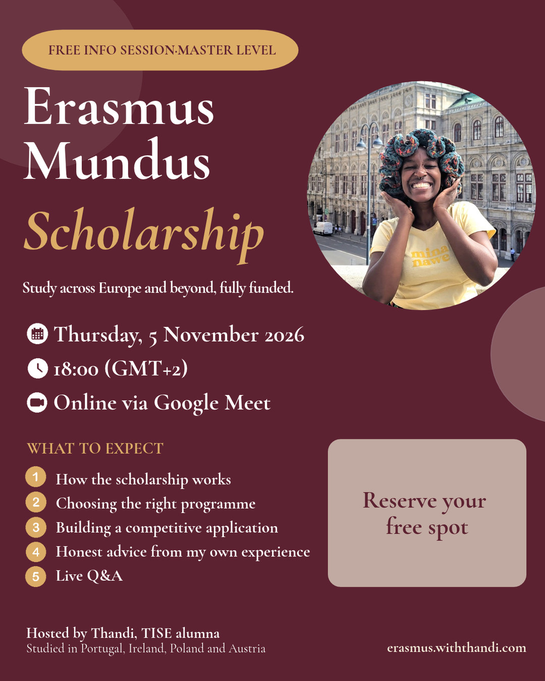 Erasmus Mundus Scholarship Info Session. Free, for Master's-level applicants. Thursday 5 November 2026, 18:00 (GMT+2), online via Google Meet.